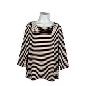 Ann Taylor Striped Boat Neck Top XL 3/4 Sleeve Black Beige Textured Knit Shirt